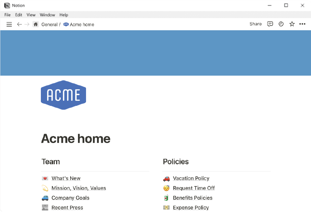 A Notion page where information about a company are shown, such as about the team and its policies.