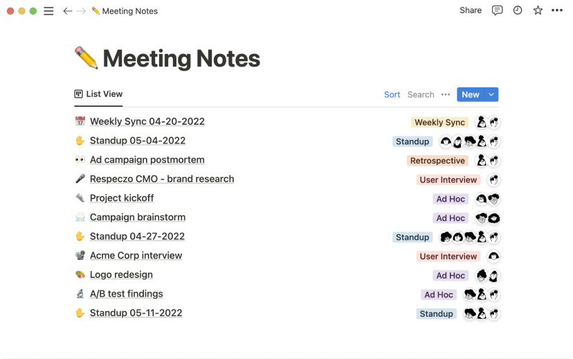 A Notion page where notes for a meeting are documented.