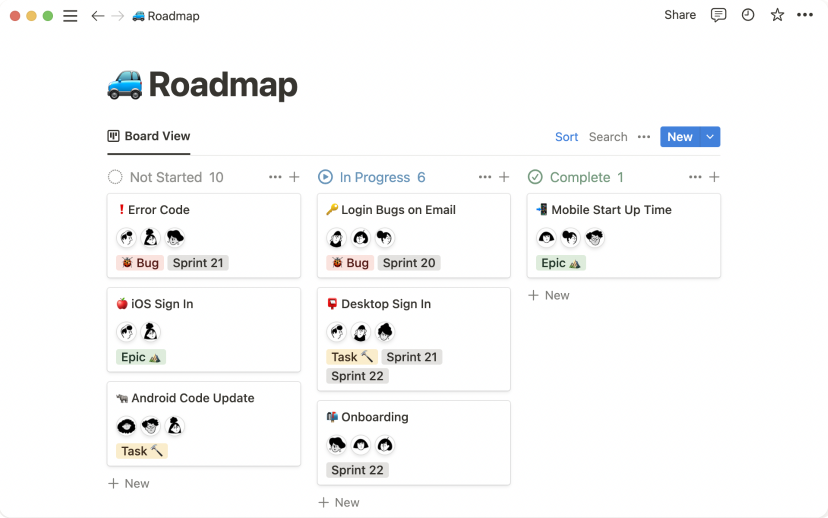 A Notion page in which the documented process of a roadmap is shown.